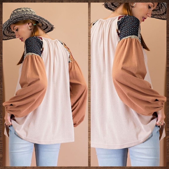 EASEL Tribal Aztec Print Silky Balloon Bubble Sleeve Top Jersey - T-Shirt Bodice - Picture 2 of 12